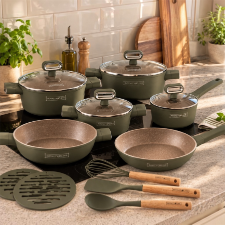 Vase pentru gatit - Set oale și tigăi Royalty Line, 15 piese, înveliș antiaderent tip marmură, verde oliv