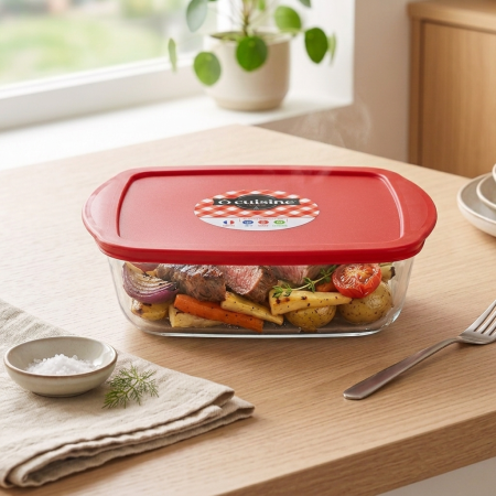 Depozitare alimente - Vas termorezistent din sticla borosilicata cu capac, Ôcuisine, 2.2 Lt