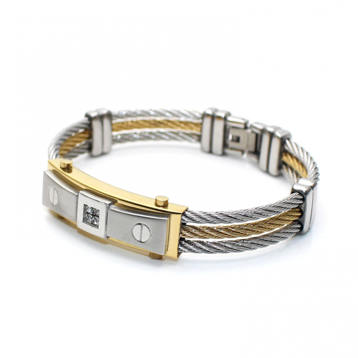 Bratara barbateasca din otel inoxidabil, model cu pietre zirconiu, placata cu aur 18K, inchidere clips, Tessero, argintiu si auriu [3]