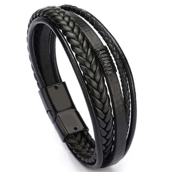 Bratara barbateasca din piele naturala, cu siraguri multiple, prindere magnet, culoare negru [1]