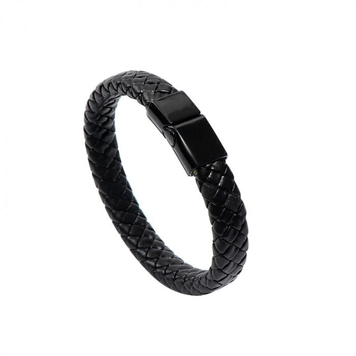 Bratara barbateasca din piele naturala, impletita, prindere magnet, negru [1]