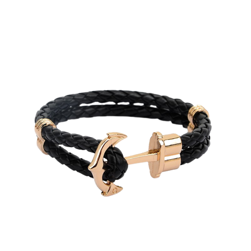Bratara barbateasca din piele naturala, model si prindere cu ancora, negru si rose gold, Tessero [1]