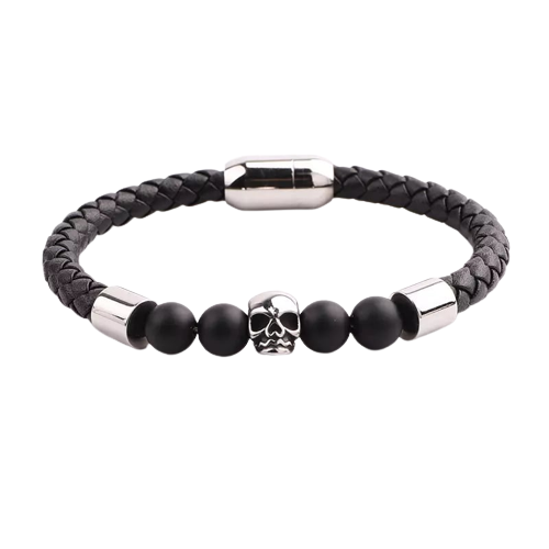 Bratara barbateasca din piele naturala si pietre semipretioase tiger eye, model cu cap de mort din otel inoxidabil, prindere magnet, Tessero, argintiu [1]