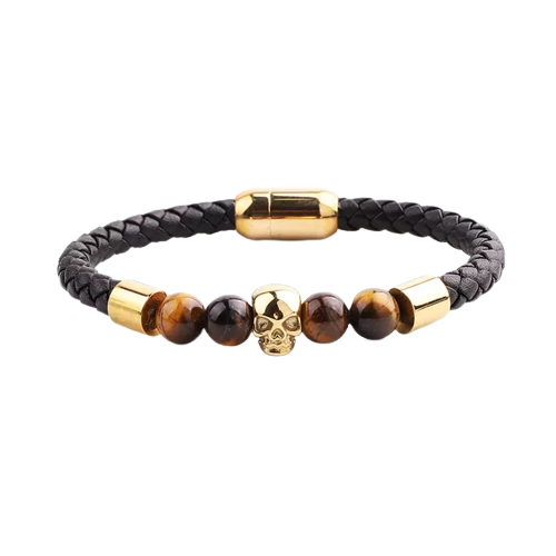 Bratara barbateasca din piele naturala si pietre semipretioase tiger eye, model cu cap de mort din otel inoxidabil, prindere magnet, Tessero, auriu [2]