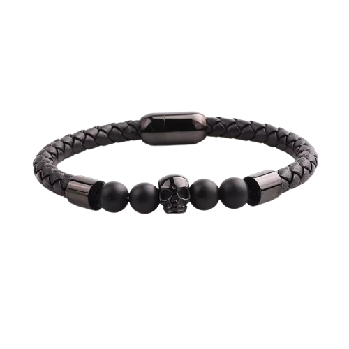 Bratara barbateasca din piele naturala si pietre semipretioase tiger eye, model cu cap de mort din otel inoxidabil, prindere magnet, Tessero, negru [1]
