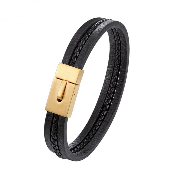Bratara barbateasca eleganta din piele naturala, model impletit, inchidere cu buton, Tessero, auriu si negru [2]