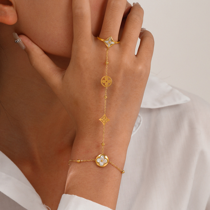 Bratara cu inel reglabil, model tip arabesc, charm-uri in forma de trifoi, otel inoxidabil placat cu aur 18K, marime reglabila, Tessero, auriu [3]