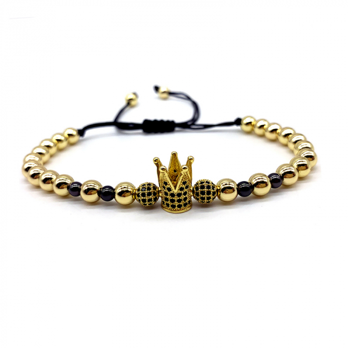 Bratara cu margele din otel inoxidabil luxury, unisex, model cu coroana, placata cu aur 18K si pietre zirconiu negru, marime reglabila pe snur, auriu [1]