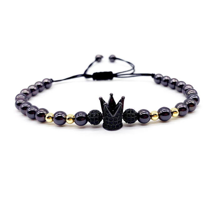 Bratara cu margele din otel inoxidabil luxury, unisex, model cu coroana, placata cu aur 18K si pietre zirconiu negru, marime reglabila pe snur, negru [1]