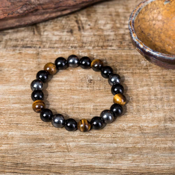 Bratara cu margele din piatra semipretioasa, tiger eye, obsidian si hematit, 8mm, marime reglabila, unisex, Tessero, negru si maro [3]