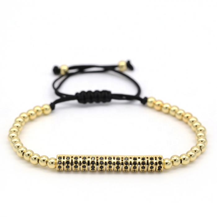 Bratara cu margele luxury, model gold bar, macrame, reglabila pe snur, pietre zirconiu negru, placata cu aur 24K, auriu [1]