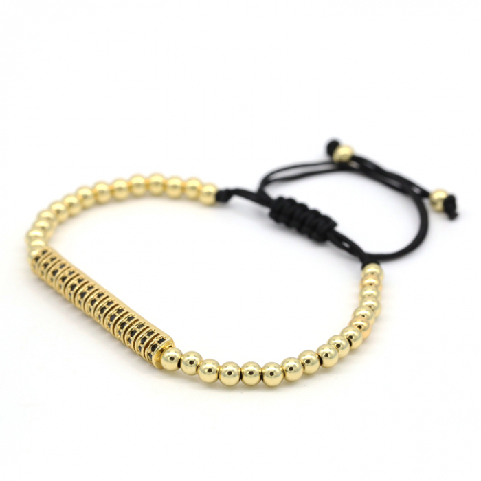 Bratara cu margele luxury, model gold bar, macrame, reglabila pe snur, pietre zirconiu negru, placata cu aur 24K, auriu [4]