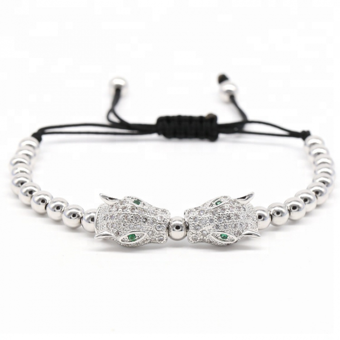 Bratara cu margele luxury, model in forma de jaguar, macrame, reglabila pe snur, pietre zirconiu, placata cu aur 24K, argintiu [1]