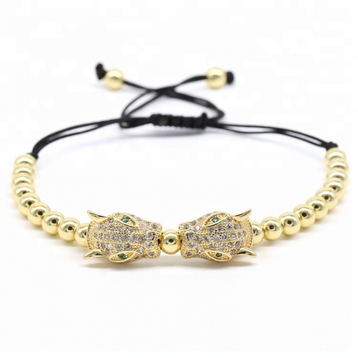Bratara cu margele luxury, model in forma de jaguar, macrame, reglabila pe snur, pietre zirconiu, placata cu aur 24K, auriu [1]