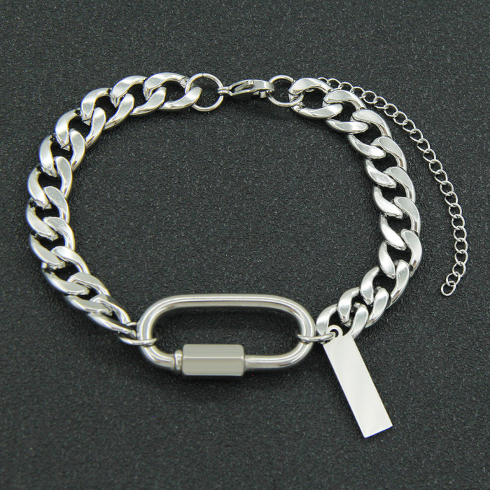 Bratara Cuban Chain, catarama ovala, otel inoxidabil, placuta gravabila, unisex, Tessero, extensie reglabila, argintiu [1]