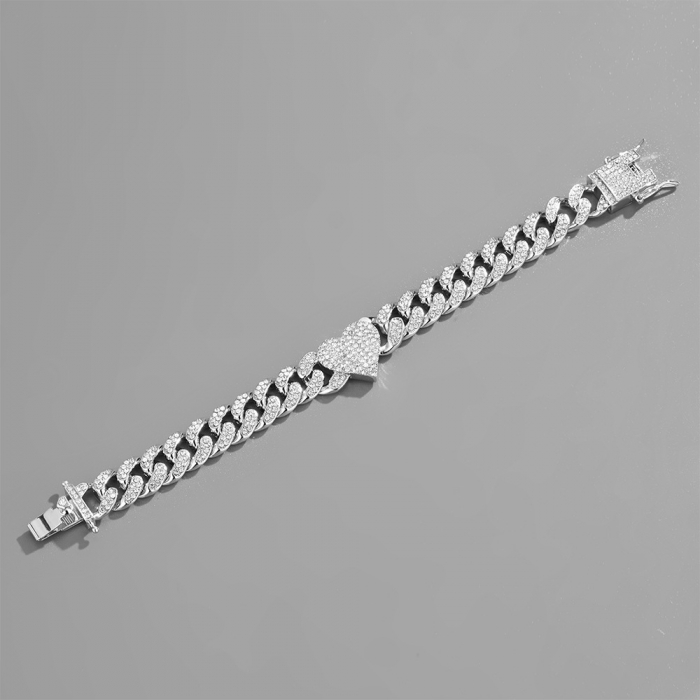Bratara Cuban Chain cu charm in forma de inimioara, placat cu aur 18K, pietre zirconiu, 13 mm, unisex, Tessero, argintiu [4]