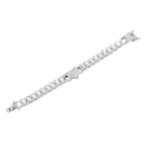 Bratara Cuban Chain cu charm in forma de inimioara, placat cu aur 18K, pietre zirconiu, 13 mm, unisex, Tessero, argintiu [1]