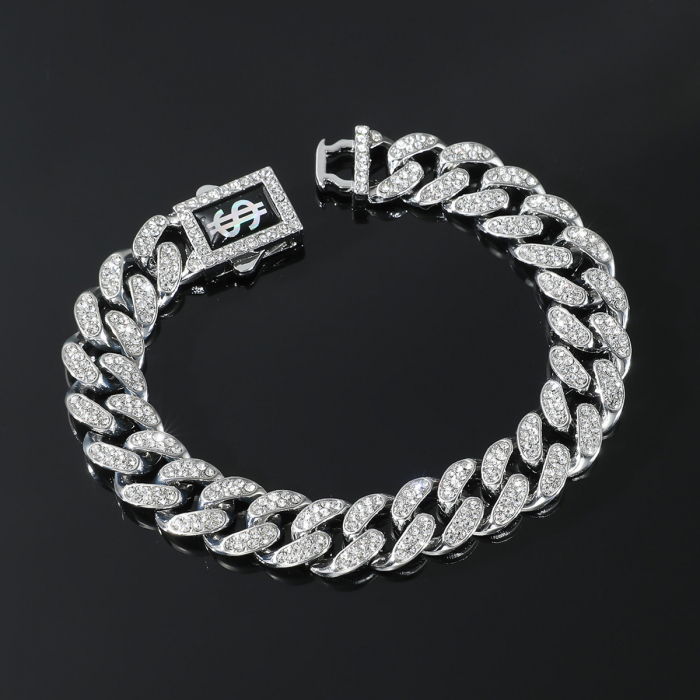 Bratara Cuban Chain Hip Hop, catarama actionata prin buton cu semnul dolarului, placat cu aur 18K, pietre zirconiu, 13 mm, unisex, Tessero, argintiu [1]