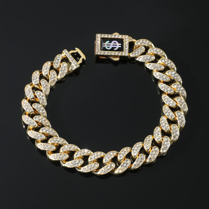 Bratara Cuban Chain Hip Hop, catarama actionata prin buton cu semnul dolarului, placat cu aur 18K, pietre zirconiu, 13 mm, unisex, Tessero, auriu [1]