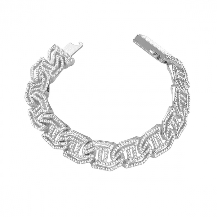 Bratara Cuban Chain Hip Hop, catarama actionata prin buton, placat cu aur 18K, pietre zirconiu, 16 mm, unisex, Tessero, argintiu [2]