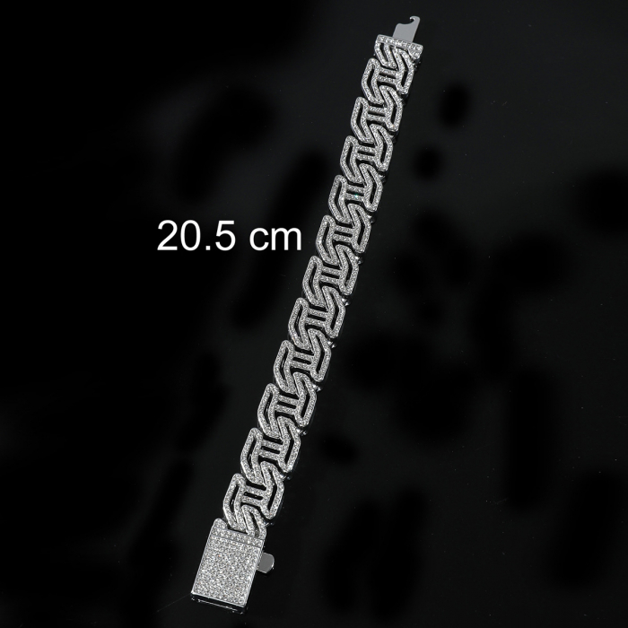 Bratara Cuban Chain Hip Hop, catarama actionata prin buton, placat cu aur 18K, pietre zirconiu, 16 mm, unisex, Tessero, argintiu [1]