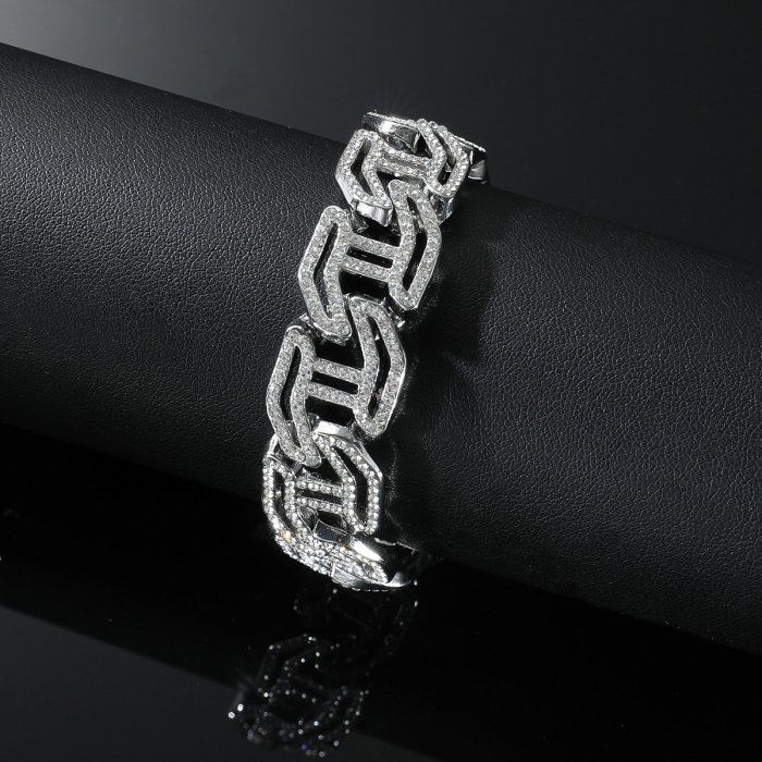 Bratara Cuban Chain Hip Hop, catarama actionata prin buton, placat cu aur 18K, pietre zirconiu, 16 mm, unisex, Tessero, argintiu [3]