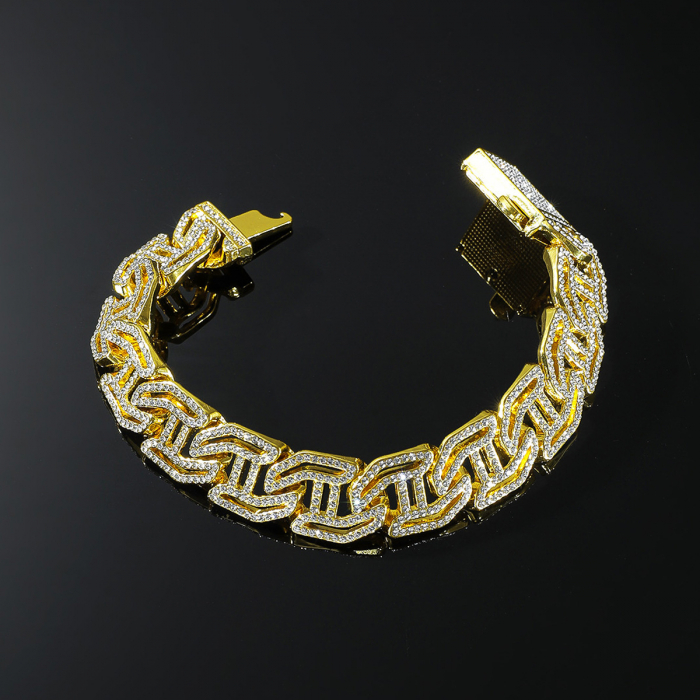 Bratara Cuban Chain Hip Hop, catarama actionata prin buton, placat cu aur 18K, pietre zirconiu, 16 mm, unisex, Tessero, auriu [2]