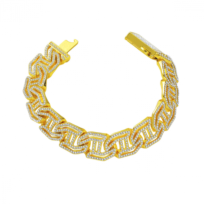 Bratara Cuban Chain Hip Hop, catarama actionata prin buton, placat cu aur 18K, pietre zirconiu, 16 mm, unisex, Tessero, auriu [4]