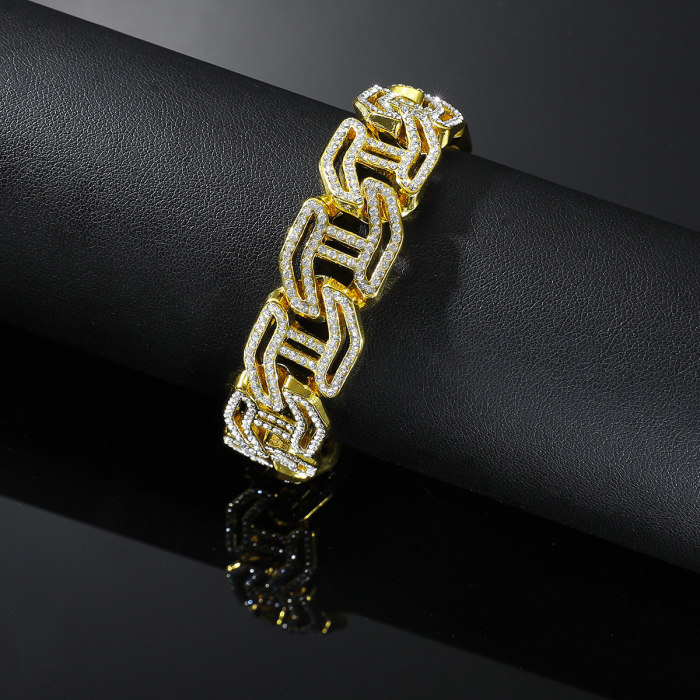 Bratara Cuban Chain Hip Hop, catarama actionata prin buton, placat cu aur 18K, pietre zirconiu, 16 mm, unisex, Tessero, auriu [3]