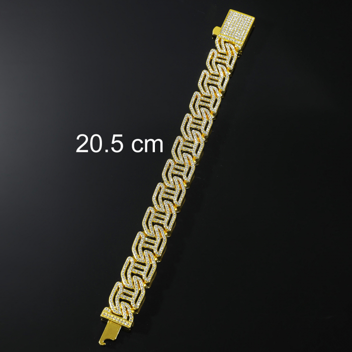 Bratara Cuban Chain Hip Hop, catarama actionata prin buton, placat cu aur 18K, pietre zirconiu, 16 mm, unisex, Tessero, auriu [1]
