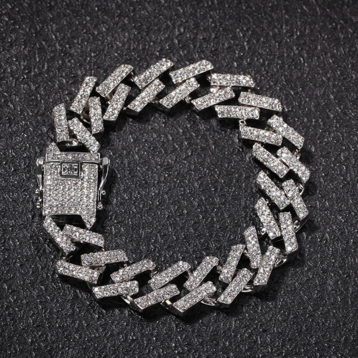 Bratara Cuban Chain link, design cubic, pietre zirconiu, placata cu aur 18K, 20 cm, argintiu [2]