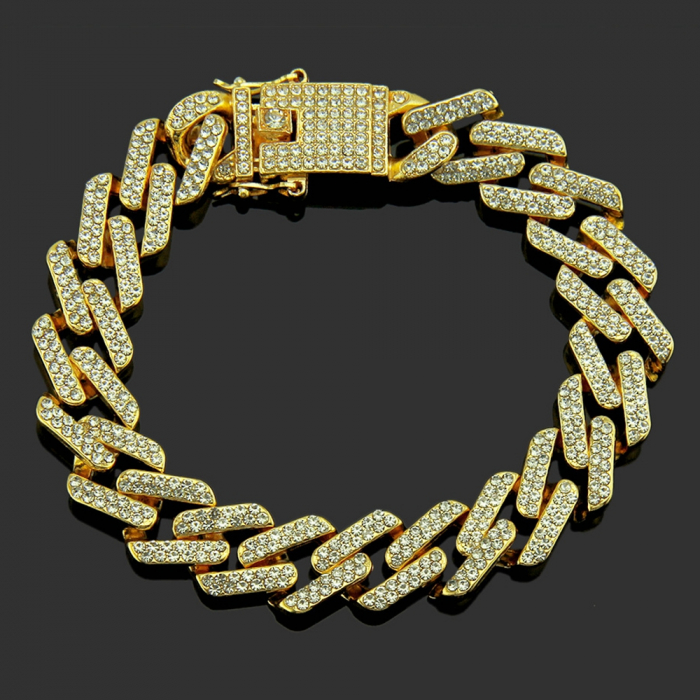 Bratara Cuban Chain link, design cubic, pietre zirconiu, placata cu aur 18K, 20 cm, auriu [2]