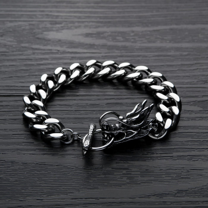 Bratara Cuban Chain model dragon din otel inoxidabil, 13mm, 21 cm, argintiu [3]