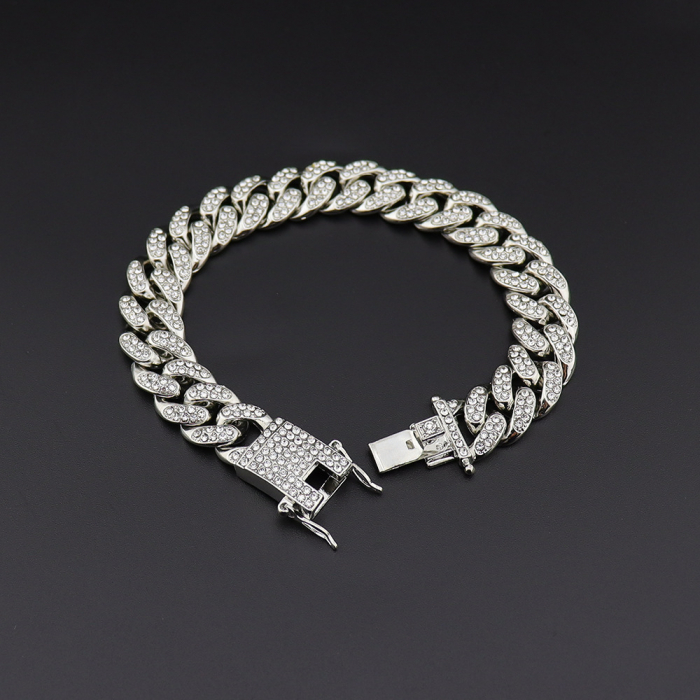 Bratara Cuban Chain placata cu aur 18k, pietre zirconiu, 13mm, argintiu [2]