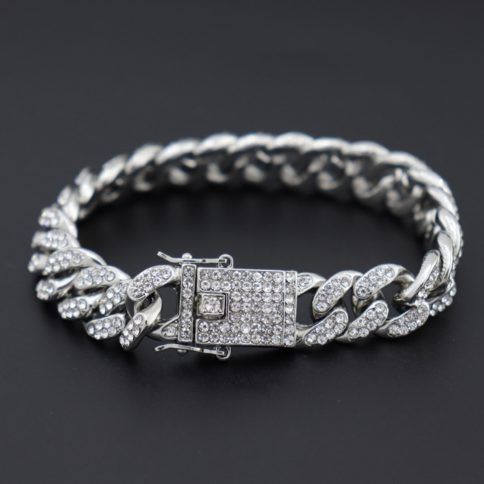 Bratara Cuban Chain placata cu aur 18k, pietre zirconiu, 13mm, argintiu [3]