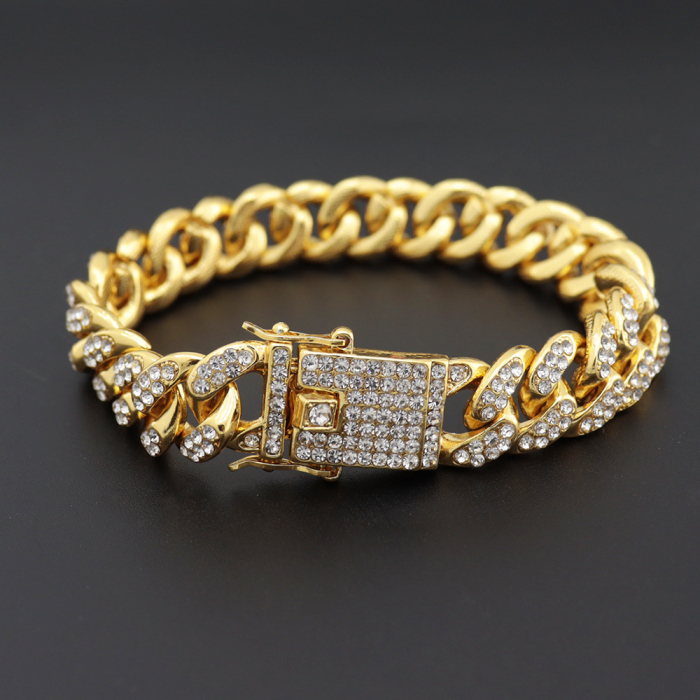 Bratara Cuban Chain placata cu aur 18k, pietre zirconiu, 13mm, auriu [4]