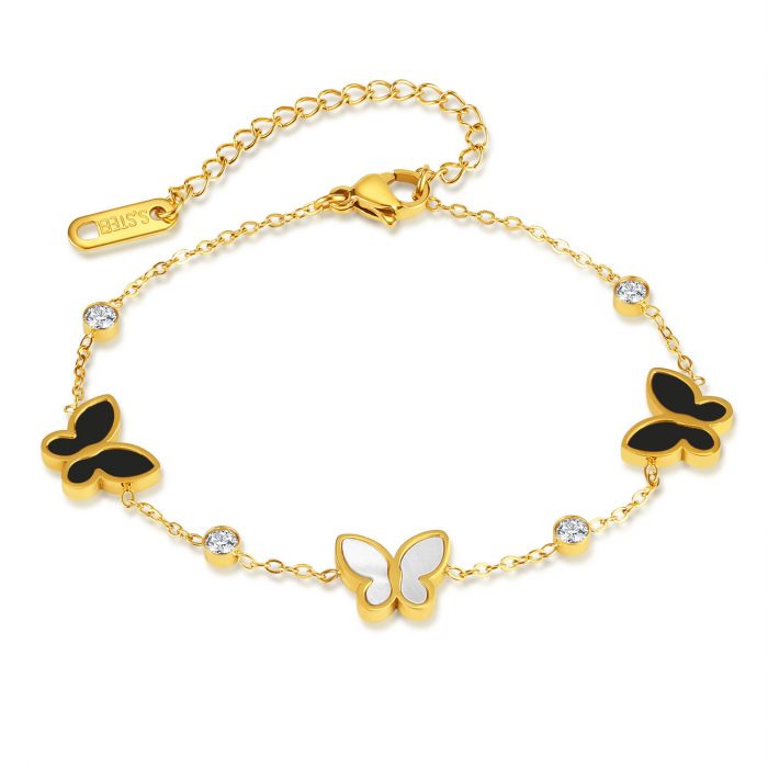 Bratara de dama, charm-uri in forma de fluture, pietre zirconiu, otel inoxidabil, placat cu aur 18K, Tessero, auriu [1]