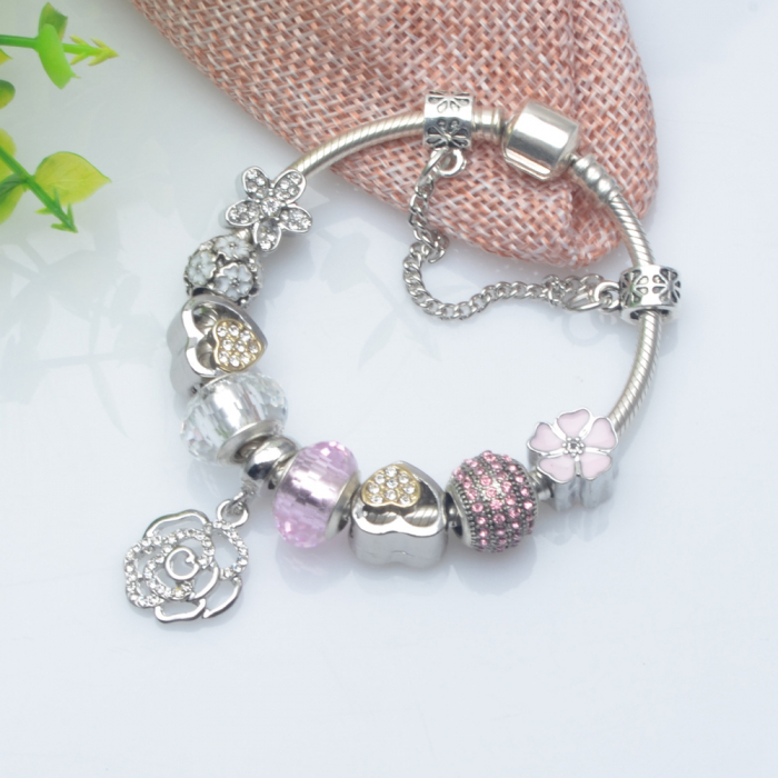 Bratara de dama cu 10 charm-uri diferite modele, model floral, placat cu argint, inchidere clips, marime 18 cm, lant de siguranta, Tessero, argintiu [3]