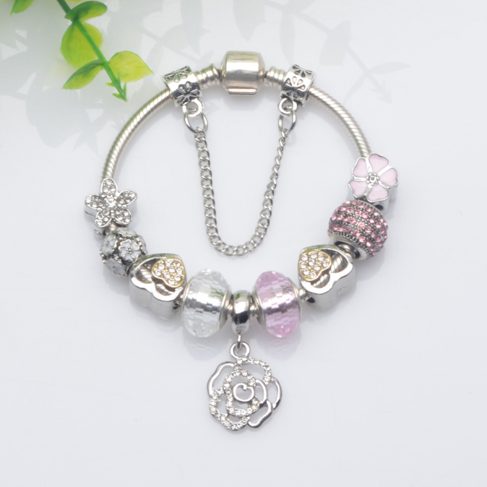 Bratara de dama cu 10 charm-uri diferite modele, model floral, placat cu argint, inchidere clips, marime 18 cm, lant de siguranta, Tessero, argintiu [2]