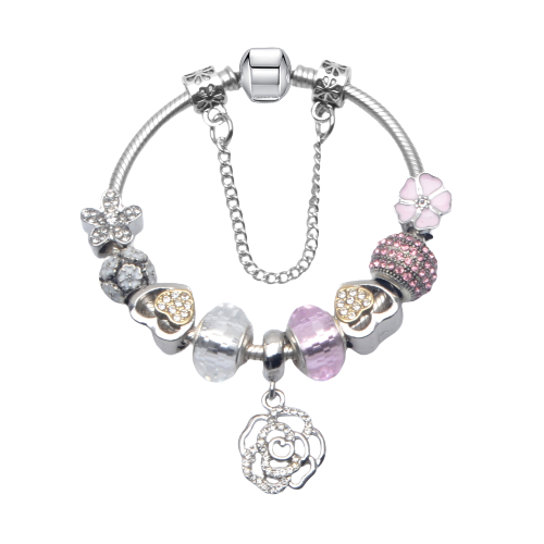 Bratara de dama cu 10 charm-uri diferite modele, model floral, placat cu argint, inchidere clips, marime 18 cm, lant de siguranta, Tessero, argintiu [1]