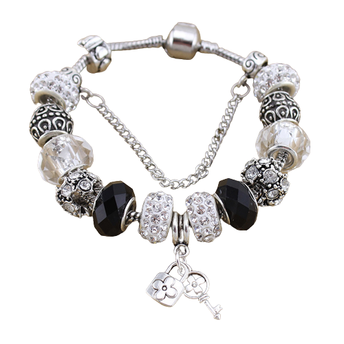 Bratara de dama cu 15 charm-uri, model cheie si lacat, placat cu argint, inchidere clips, marime 18 cm, lant de siguranta, Tessero, argintiu [1]