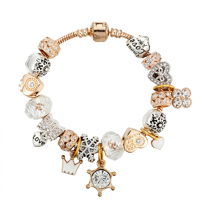 Bratara de dama cu 18 charm-uri diferite modele, model cu coroana, placat cu aur 18K, inchidere clips, marime 18 cm, lant de siguranta, Tessero, auriu [1]