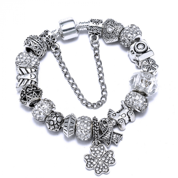 Bratara de dama cu 18 charm-uri, model in forma de trifoi cu pietre zirconiu, placat cu argint, inchidere clips, marime 19 cm, Tessero, argintiu [1]