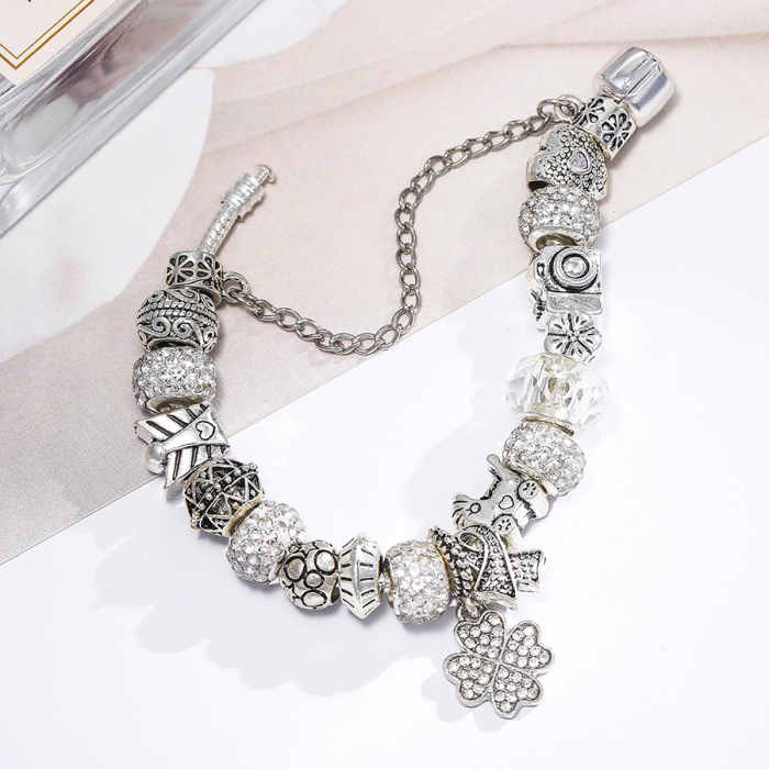 Bratara de dama cu 18 charm-uri, model in forma de trifoi cu pietre zirconiu, placat cu argint, inchidere clips, marime 19 cm, Tessero, argintiu [3]
