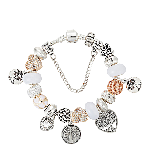 Bratara de dama cu 22 charm-uri diferite modele, model cu copacul vietii, placat cu argint, inchidere clips, marime 18 cm, lant de siguranta, Tessero, argintiu [4]