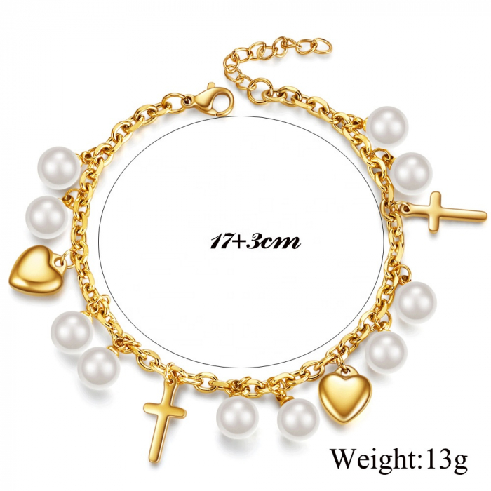 Bratara de dama cu charm-uri in forma de cruce si inima, perle naturale, placat cu aur 18K, otel inoxidabil, reglabila, Tessero, auriu [2]