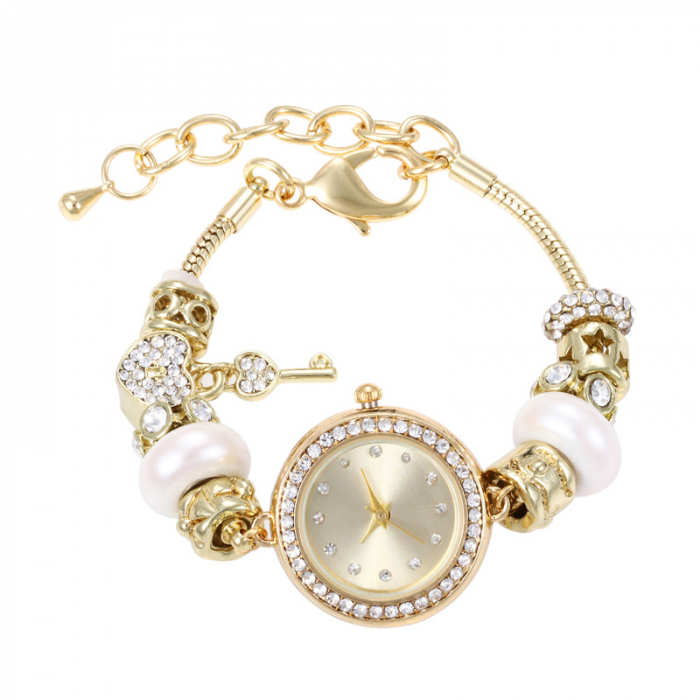 Bratara de dama cu charm-uri, model cu ceas quartz analog, pietre zirconiu, placat cu aur 18K, marime reglabila, Tessero, auriu [1]