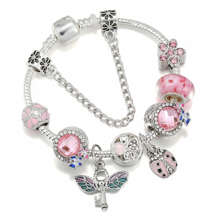 Bratara de dama cu charm-uri, model in forma de buburuza si cheita cu aripi, placat cu argint, inchidere clips, lantisor de siguranta, marime 18 cm, Tessero, argintiu si roz [1]