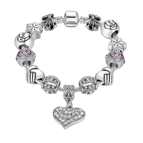 Bratara de dama cu charm-uri, model in forma de inima cu pietre zirconiu, placat cu argint, inchidere clips, marime 18 cm, Tessero, argintiu [1]