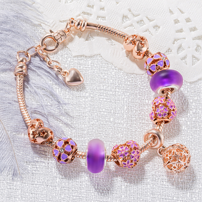 Bratara de dama cu charmuri flori si stelute, placata cu aur 18K, marime reglabila 17cm cu extensie 4 cm, mov si rose gold [3]